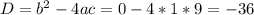 D=b^2-4ac=0-4*1*9=-36