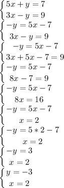 \displaystyle \left \{ {{5x+y=7} \atop {3x-y=9}} \right. \\\left \{ {{-y=5x-7} \atop {3x-y=9}} \right.\\\left \{ {{-y=5x-7} \atop {3x+5x-7=9}} \right.\\\left \{ {{-y=5x-7} \atop {8x-7=9}} \right.\\\left \{ {{-y=5x-7} \atop {8x=16}} \right.\\\left \{ {{-y=5x-7} \atop {x=2}} \right.\\\left \{ {{-y=5*2-7} \atop {x=2}} \right.\\\left \{ {{-y=3} \atop {x=2}} \right.\\\left \{ {{y=-3} \atop {x=2}} \right.