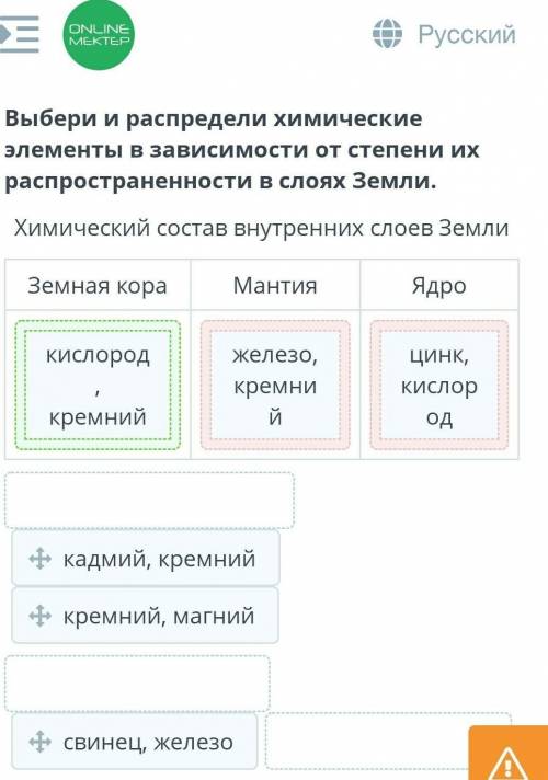 Выбери и распредели химические элементы в зависимости от степени их распространенности в слоях Земли