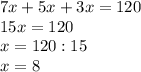 7x+5x+3x=120\\15x=120\\x=120:15\\x=8\\\\