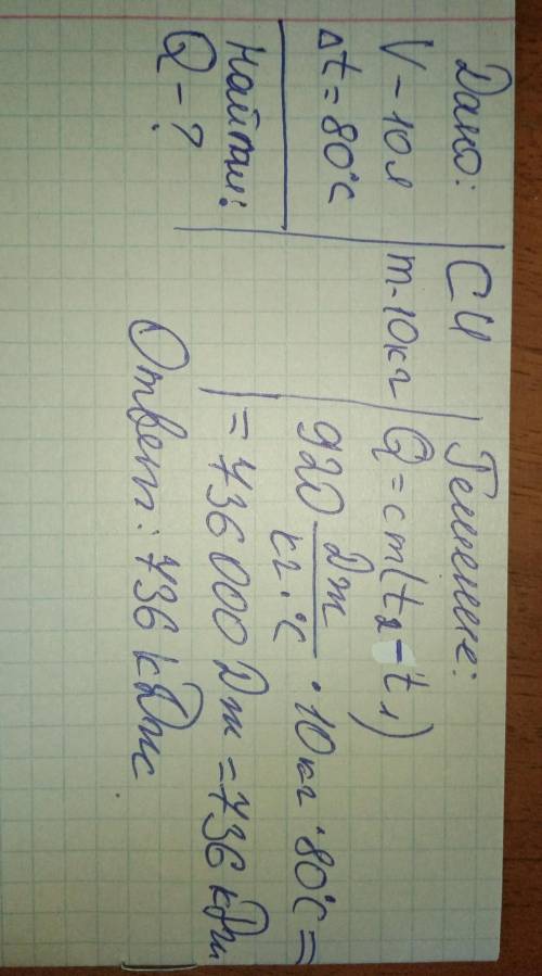 Какое количество теплоты требуется для нагревания 10 литров воды от 20 до 100 градусов в алюминевом