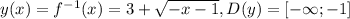 y(x)=f^{-1} (x)=3+\sqrt{-x-1}, D(y)=[-\infty; -1]