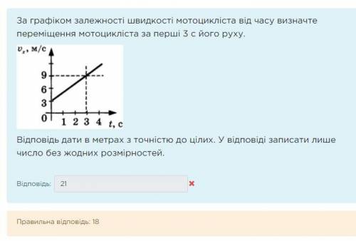 За графіком залежності швидкості мотоцикліста від часу визначте переміщення мотоцикліста за перші 3