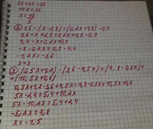 Решите уравнения: 12x-(4x-18)=(36+4x)+(18-6x) 1,6-(х-2,8)=(0,2х+1,5)-0,7 (0,5х+1,2)-(3,6-4,5х)=(4,8-