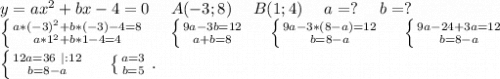 y=ax^2+bx-4=0\ \ \ \ A(-3;8)\ \ \ \ B(1;4)\ \ \ \ a=?\ \ \ \ b=?\\\left \{ {a*(-3)^2+b*(-3)-4=8} \atop {a*1^2+b*1-4=4}} \right.\ \ \ \ \left \{ {{9a-3b=12} \atop {a+b=8}} \right. \ \ \ \ \left \{ {{9a-3*(8-a)=12} \atop {b=8-a}} \right. \ \ \ \ \left \{ {{9a-24+3a=12} \atop {b=8-a}} \right. \\\left \{ {{12a=36\ |:12} \atop {b=8-a}} \right. \ \ \ \ \left \{ {{a=3} \atop {b=5}} \right..