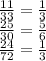 \frac{11}{33} = \frac{1}{3}\\\frac{25}{30} = \frac{5}{6} \\\frac{24}{72} = \frac{1}{3}