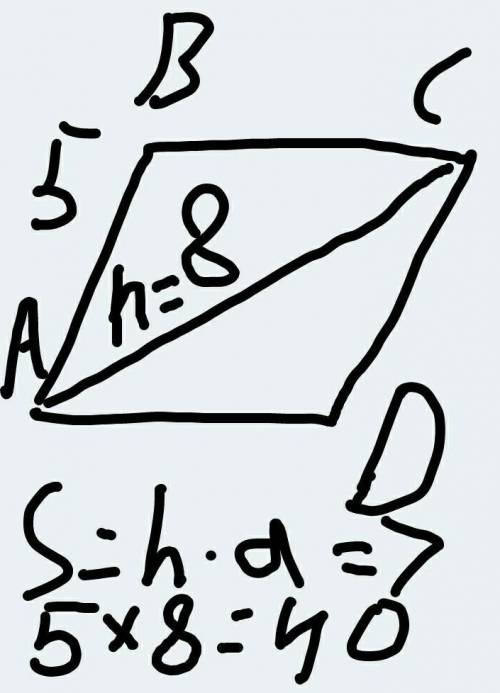 Найдите площадь параллелограмма ABCD, если AB=5 см, AC=8 см и ∠BAC=60°.