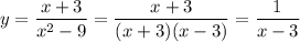 \displaystyle y=\frac{x+3}{x^2-9}=\frac{x+3}{(x+3)(x-3)}=\frac1{x-3}