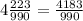 4 \frac{223}{990} = \frac{4183}{990}