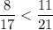 \displaystyle \frac{8}{17} < \frac{11}{21}