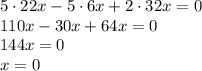 5\cdot22x-5\cdot6x+2\cdot32x=0\\ 110x-30x+64x=0\\ 144x=0\\ x=0