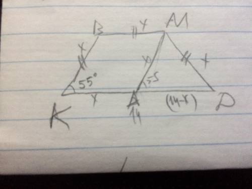 Длинное основание KD равнобедренной трапеции KBMD равно 14 см, короткое основание BM и боковые сторо