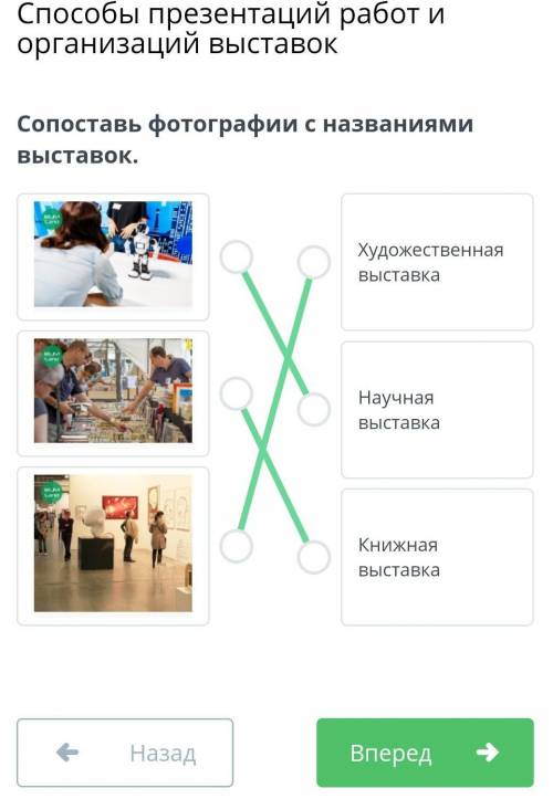 презентаций работ и организаций выставок Сопоставь фотографии с названиями выставок.​