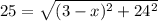 25=\sqrt{(3-x)^{2}+24^{2}}