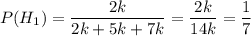 P(H_{1}) = \dfrac{2k}{2k + 5k + 7k} = \dfrac{2k}{14k} = \dfrac{1}{7}