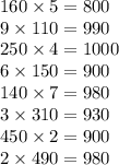 160 \times 5 = 800 \\ 9 \times 110 = 990 \\ 250 \times 4 = 1000 \\ 6 \times 150 = 900 \\ 140 \times 7 = 980 \\ 3 \times 310 = 930 \\ 450 \times 2 = 900 \\ 2 \times 490 = 980