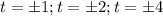 t=\pm 1; t=\pm2; t=\pm4