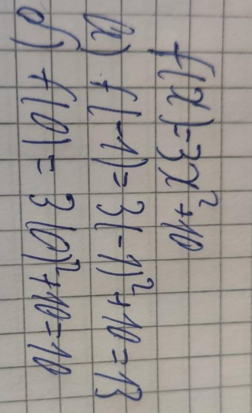 Функция задана формулойf(x) = - 3 x² + 10Найдите: a) f(-1)б) f(0)​