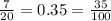 \frac{7}{20} = 0.35 = \frac{35}{100}