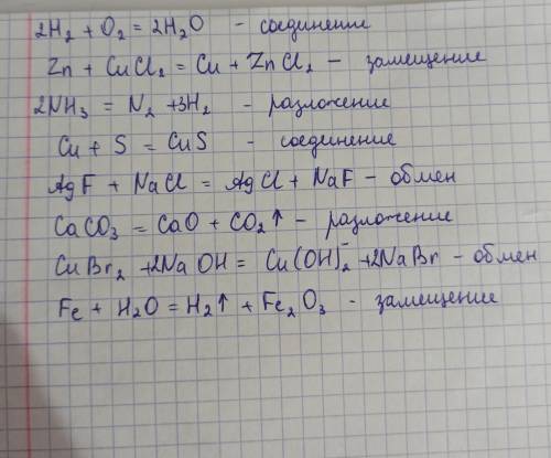 Переведи на 8 разных химических реакций Найдите среди них реакции соединения разложения замещения и