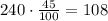 240\cdot\frac{45}{100} =108