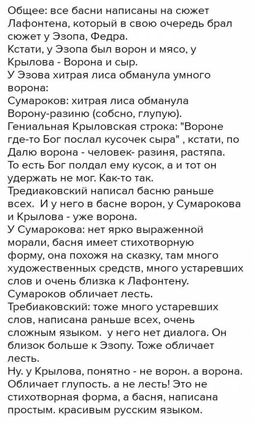 Сравнение басен Ворона и Лиса Сумароков и Ворон и лисица Тредиаковского, 1 название ,2 форма три