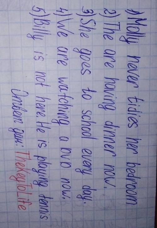 Go, have,play,tidy,watch 1.molly never her bedroom 2.they dinner now. 3.she to school every day 4.