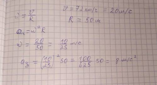 Велосипедист движется по велотреку со скоростью 72 км/ч. Радиус велотрека составляет 50м А) Вычислит