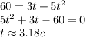 60=3t+5t^2\\5t^2+3t-60=0\\t\approx3.18c