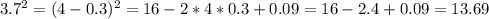 3.7^{2}=(4-0.3)^{2}=16-2*4*0.3+0.09=16-2.4+0.09=13.69