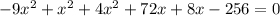 -9x^{2} +x^{2} + 4x^{2} +72x + 8x - 256 = 0