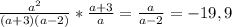 \frac{a^2}{(a+3)(a-2)} * \frac{a+3}{a} = \frac{a}{a-2} = -19,9