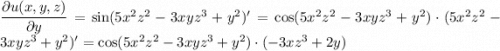 \dfrac{\partial u(x,y,z)}{\partial y}=\sin(5x^2z^2-3xyz^3+y^2)'=\cos(5x^2z^2-3xyz^3+y^2)\cdot(5x^2z^2-3xyz^3+y^2)'=\cos(5x^2z^2-3xyz^3+y^2)\cdot(-3xz^3+2y)