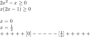 2x^2-x\geq 0\\x(2x-1)\geq 0\\\\x=0\\x=\frac{1}{2}\\ +++++[0]-----[\frac{1}{2}]+++++\\