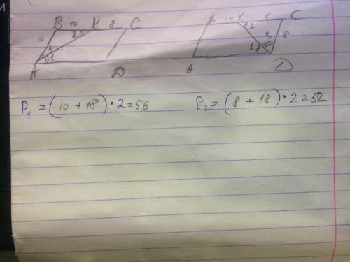 5. Биссектриса параллелограммаABCDделит его сторону ВС на отрезки ВК =10 см и КС= 8 см. Найдите его