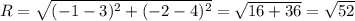 R=\sqrt{(-1-3)^2+(-2-4)^2} =\sqrt{16+36} =\sqrt{52}