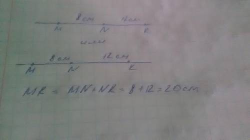 Точки M,N иK расположены на одной прямой, причем MN=8см,NK=12см. Какой может быть длина отрезка MK?