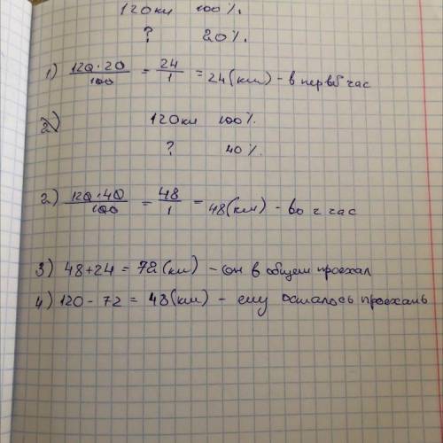 Мотоциклист должен был проехать 120 км. Первый час он проехал 20% намеченного расстояния, во второй