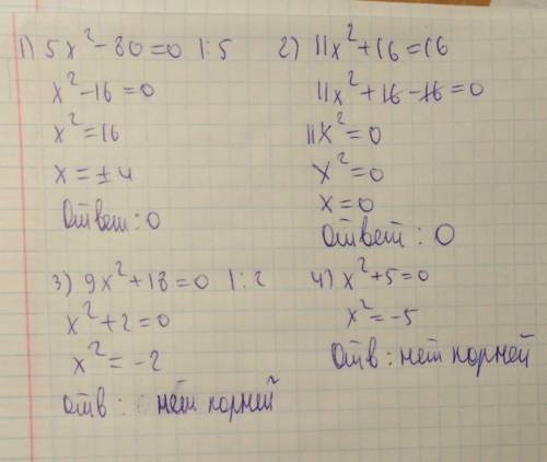 1)решить КВУР. 5х^2-80=0. В ответ записать сумму корней. 2)Решить КВУР. 11х^2+16=16 3)ешить КВУР. 9х