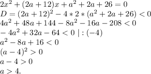 2x^2+(2a+12)x+a^2+2a+26=0\\D=(2a+12)^2-4*2*(a^2+2a+26)