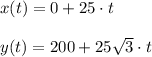 x(t)=0+25\cdot t\\\\y(t)=200+25\sqrt{3}\cdot t\\\\