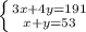 \left \{ {{3x+4y=191} \atop {x+y=53}} \right.