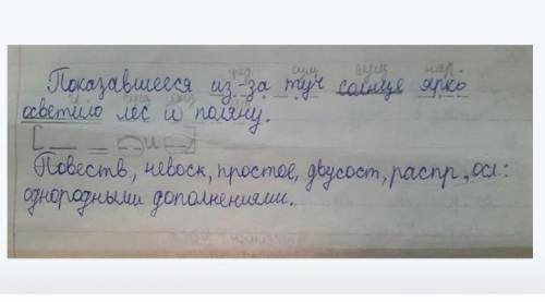 Синтаксический разбор предложения. Солнце, показавшееся из-за туч, осветило лес и поляну