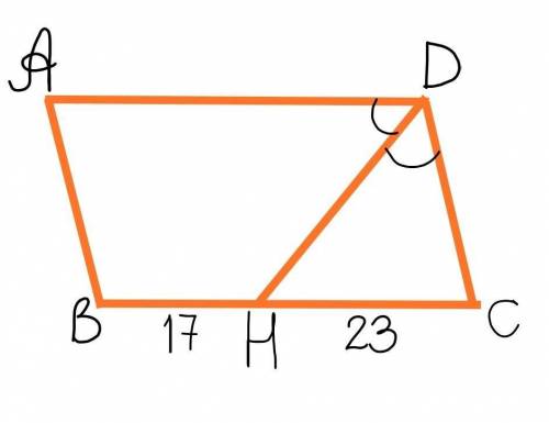 биссектриса параллелограмма ABCD делит его сторону BC на отрезки 17 и 23 см найти периметр параллело