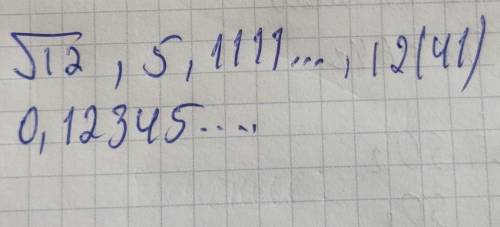 Среди действительных чисел -6; √12; 5,111…; 1 3/12; 5, 0, 12(41); √225; -14; 1/7 ; 0,1234.. - выбери