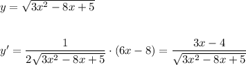 y=\sqrt{3x^2-8x+5}\\\\\\y'=\dfrac{1}{2\sqrt{3x^2-8x+5}}\cdot (6x-8)=\dfrac{3x-4}{\sqrt{3x^2-8x+5}}