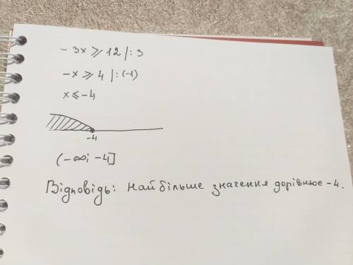 Розв'яжіть нерівність -3x більше дорівнює 12 та вкажіть найбільше число яке належить розв'язку​