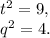 t^{2} =9,\\q^{2}=4.