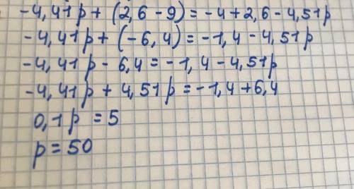 Реши уравнение: −4,41p+(2,6−9)=−4+2,6−4,51p.
