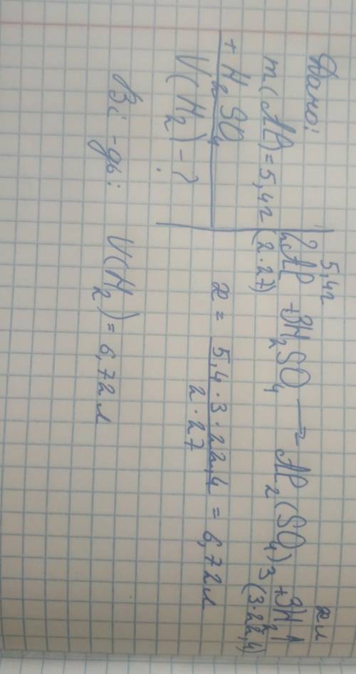 обчисліть об'єм газу н.у що утвориться в результаті розчинення алюмінію масою 5,4 г у сульфатній кис